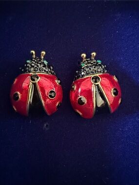 Butler and Wilson Ladybug Enamel and Crystal Stud Earrings - Red and Black